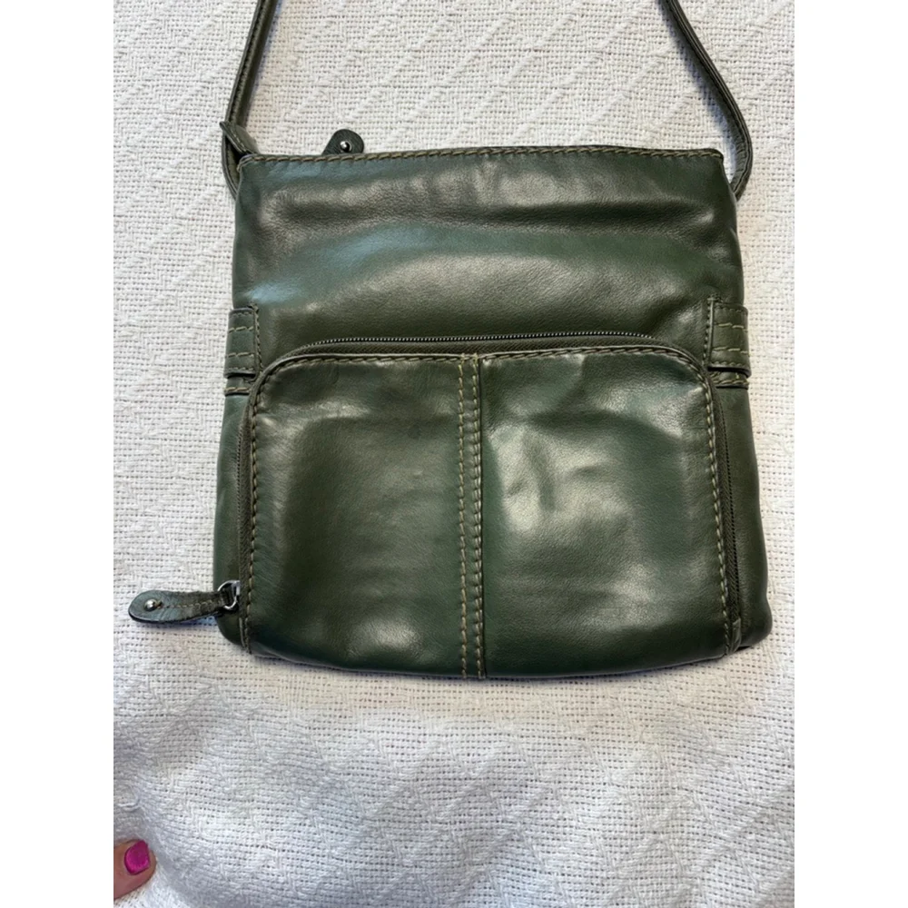 Vintage Tignanello Olive Green Italian Leather Crossbody with Buckle Accent